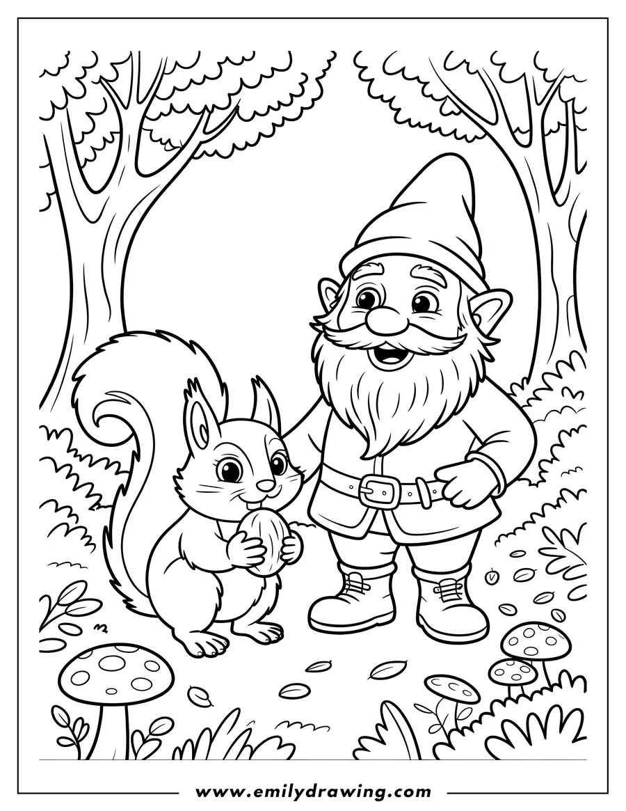 Line art of a friendly gnome with a long beard and pointy hat standing next to a squirrel in a woodland setting. The squirrel is holding a large acorn. Mushrooms and trees fill the background.