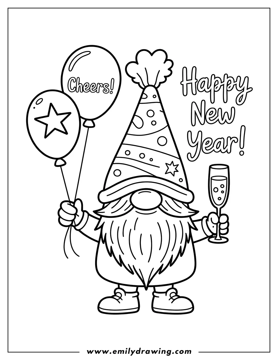 Line art of a happy gnome celebrating New Year's, holding two balloons and a glass of champagne, wearing a party hat.