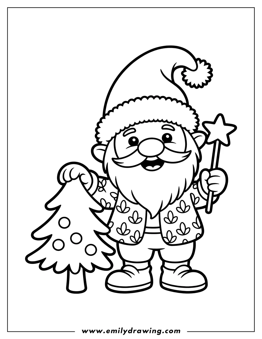 Outline of a cheerful Christmas gnome wearing a fur-trimmed hat, holding a small decorative Christmas tree and a star-shaped wand.