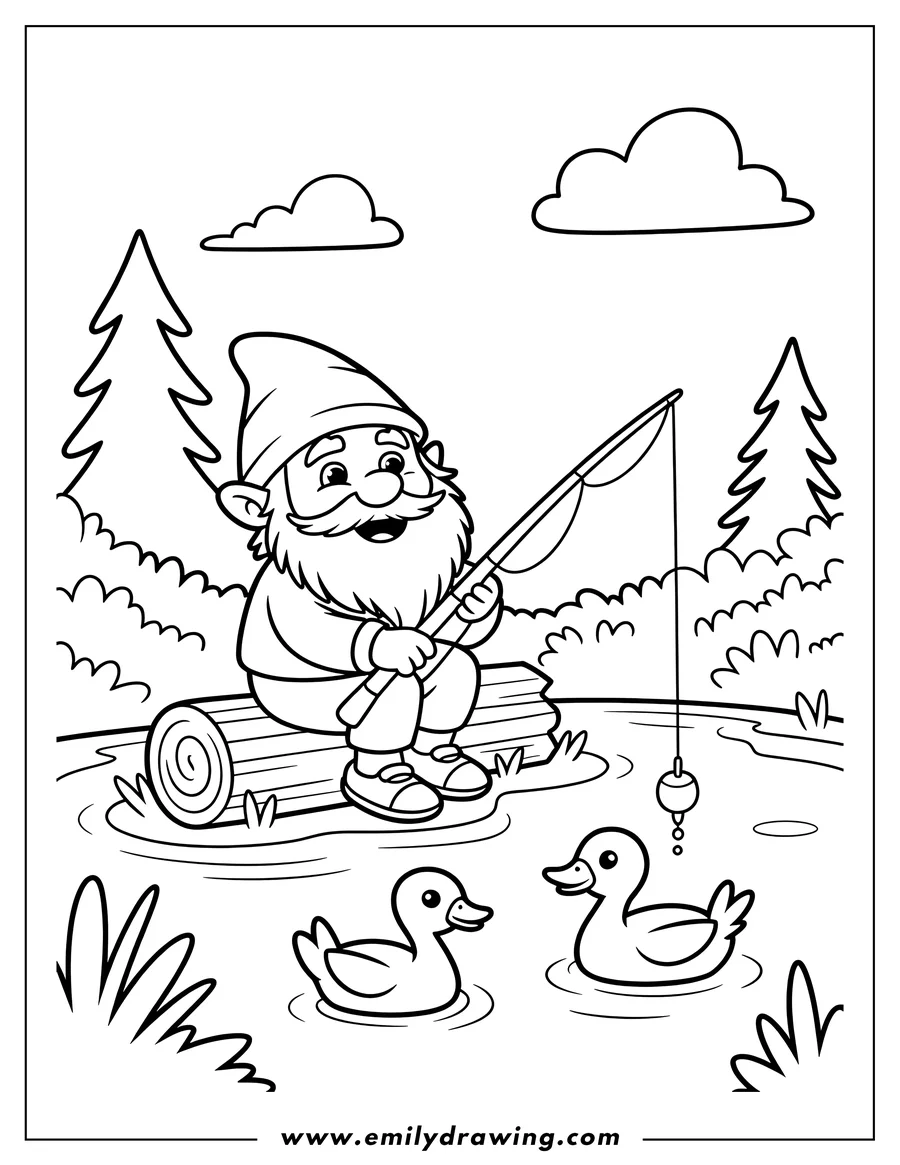 Outline of a smiling gnome with a large beard and hat sitting on a fallen log while fishing in a forest pond. Two small ducklings swim nearby.