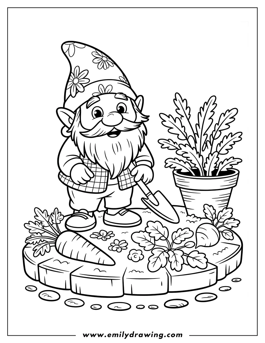 Outline of a friendly gnome standing in a garden plot, holding a small trowel next to a large carrot, radish, and potted plant.