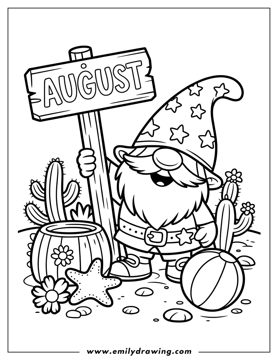 Line art of a bearded gnome with a star-patterned hat holding a wooden sign that says