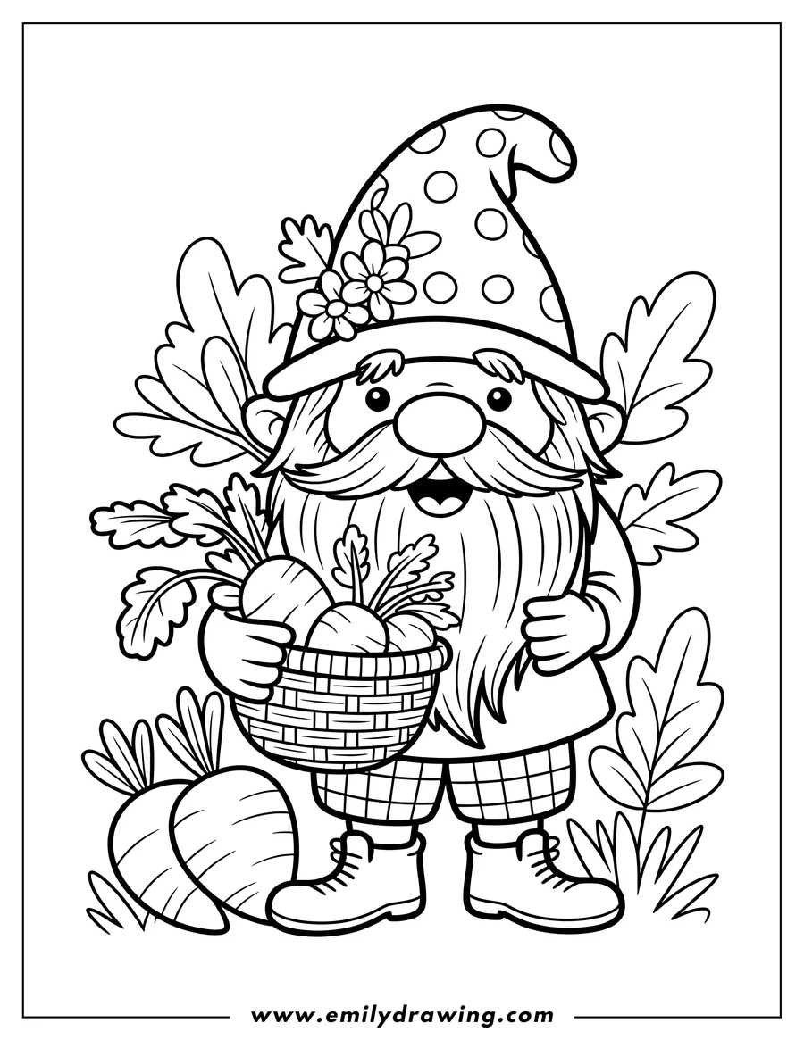Outline of a cheerful garden gnome with a long beard and polka dot hat, holding a woven basket overflowing with freshly harvested carrots.