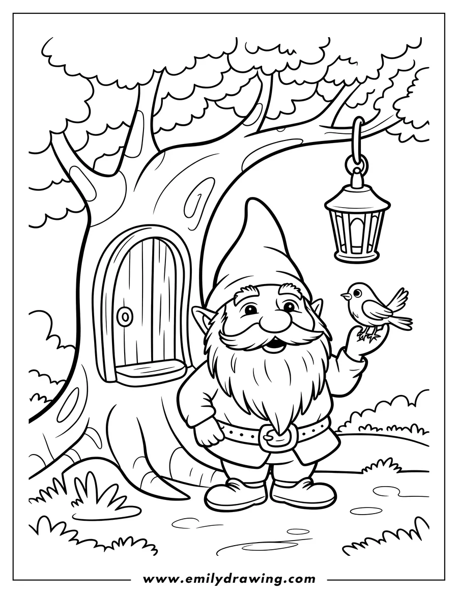 Outline of a smiling gnome, wearing a pointy hat and belt, holding a small bird perched on his hand. He is standing in a forest next to a tree trunk that features a small wooden door and a hanging lantern.