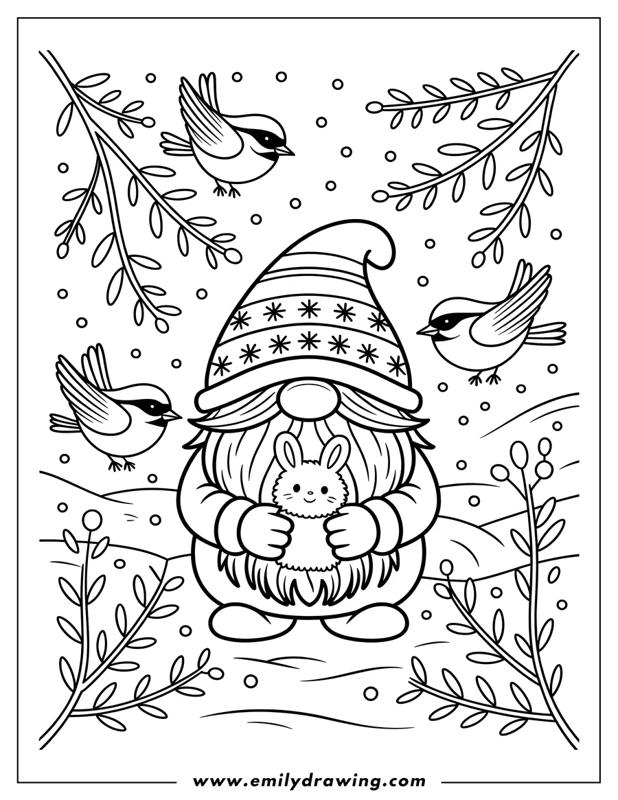 Line art of a winter gnome holding a small bunny plush in a snowy outdoor scene, surrounded by three birds and barren branches.