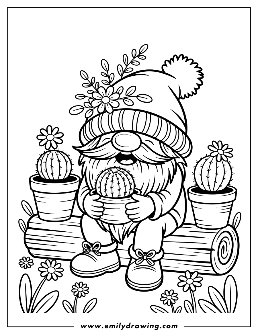 Line art of a cheerful gnome sitting on a wooden log and holding a small potted cactus. He is surrounded by other potted cacti and small wildflowers.