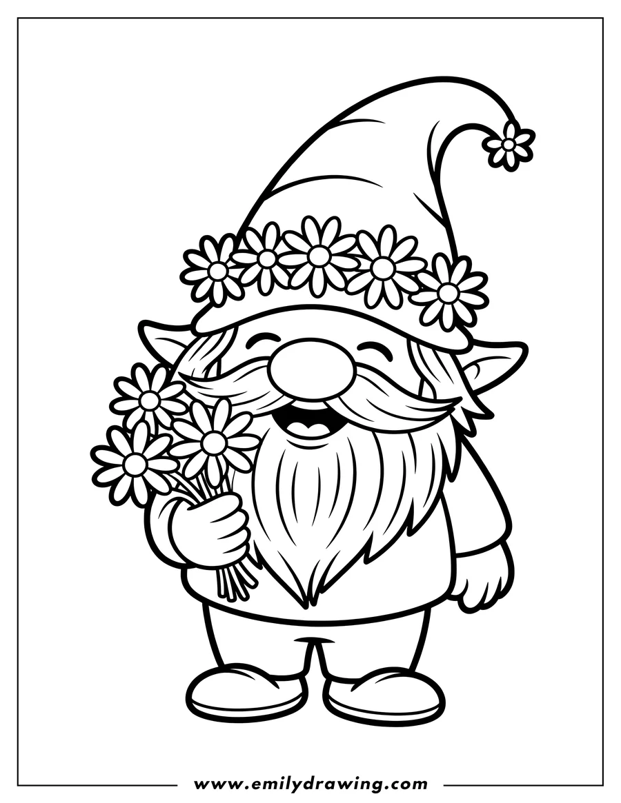 Line art outline of a happy gnome holding a large bouquet of daisy flowers. The gnome is wearing a tall, conical hat decorated with a flower wreath.