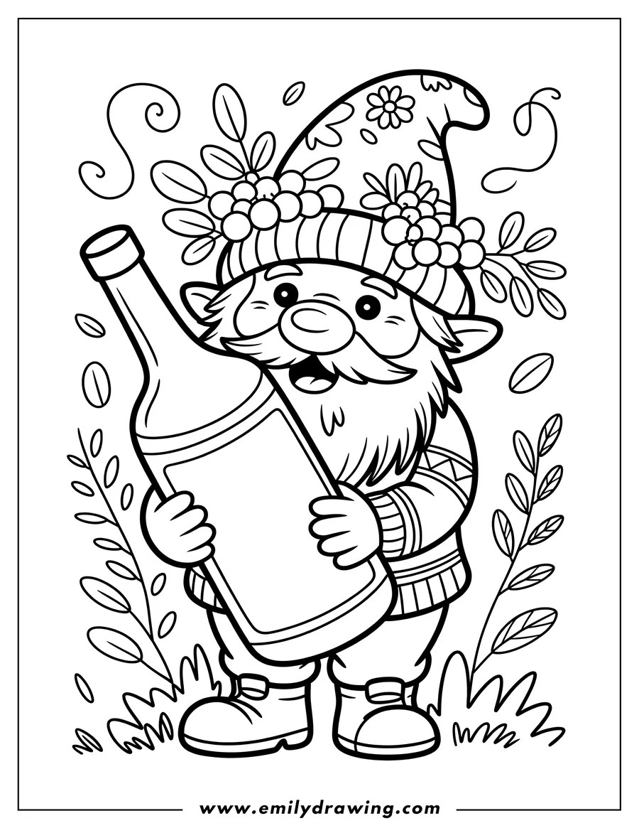 Outline of a cheerful garden gnome holding a giant, unlabeled bottle, wearing a patterned sweater and a pointed hat decorated with a wreath of berries and flowers.