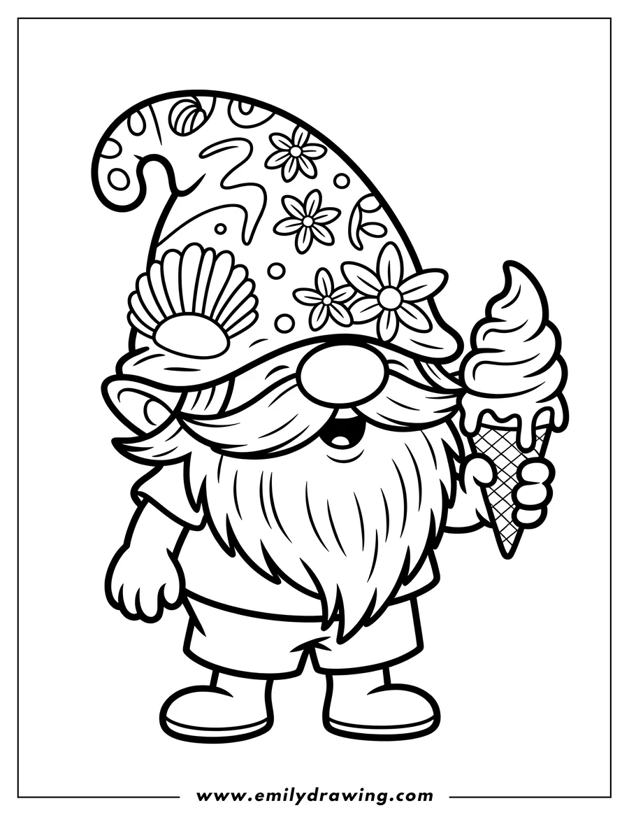 Outline of a smiling gnome holding a dripping soft-serve ice cream cone. The gnome wears a tall, patterned hat decorated with flowers and a seashell.