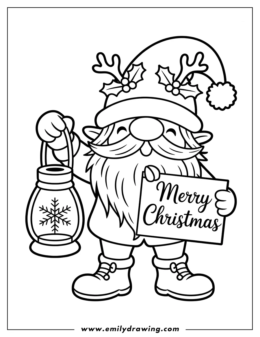 Line art of a Christmas gnome wearing a hat decorated with holly and reindeer antlers. The gnome is holding a snowflake-adorned lantern and a rectangular sign reading
