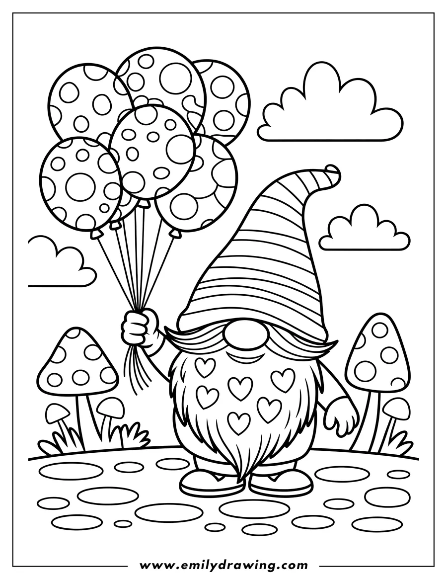 Outline of a cute garden gnome in a striped hat holding five polka dot balloons, standing amongst spotted mushrooms and clouds.
