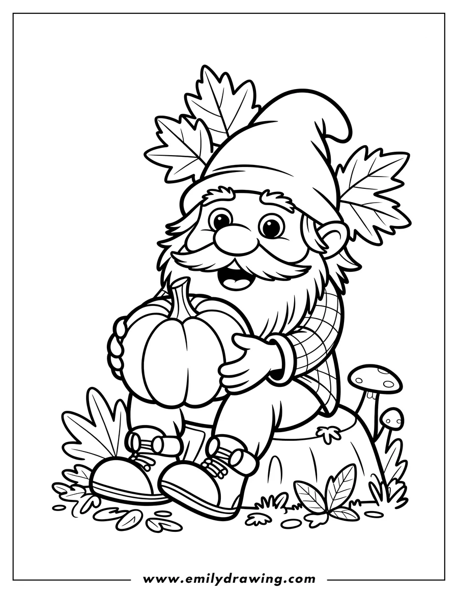 Outline of a smiling gnome sitting on a tree stump, holding a large autumn pumpkin. He has a pointed hat adorned with maple leaves and is surrounded by small mushrooms and foliage.
