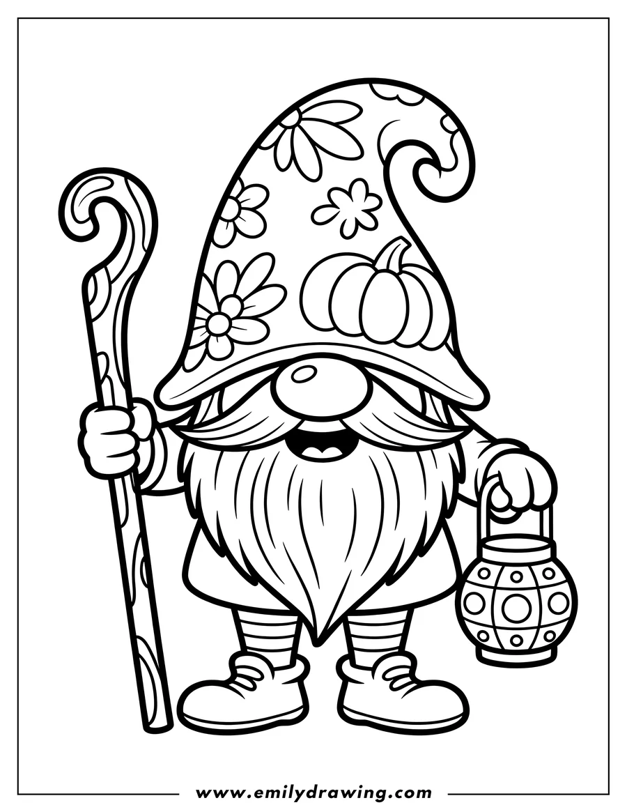 Outline of a happy gnome holding a wooden staff in one hand and a patterned lantern in the other. His tall, pointed hat is decorated with flowers and a pumpkin design.