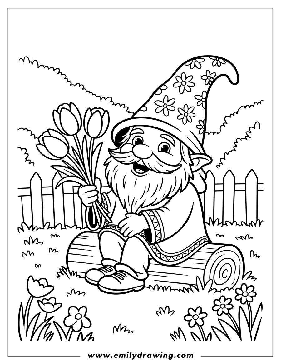 Outline of a smiling garden gnome sitting on a log, holding a bouquet of tulips. He is wearing a long beard and a hat decorated with flowers, set against a picket fence and grass.