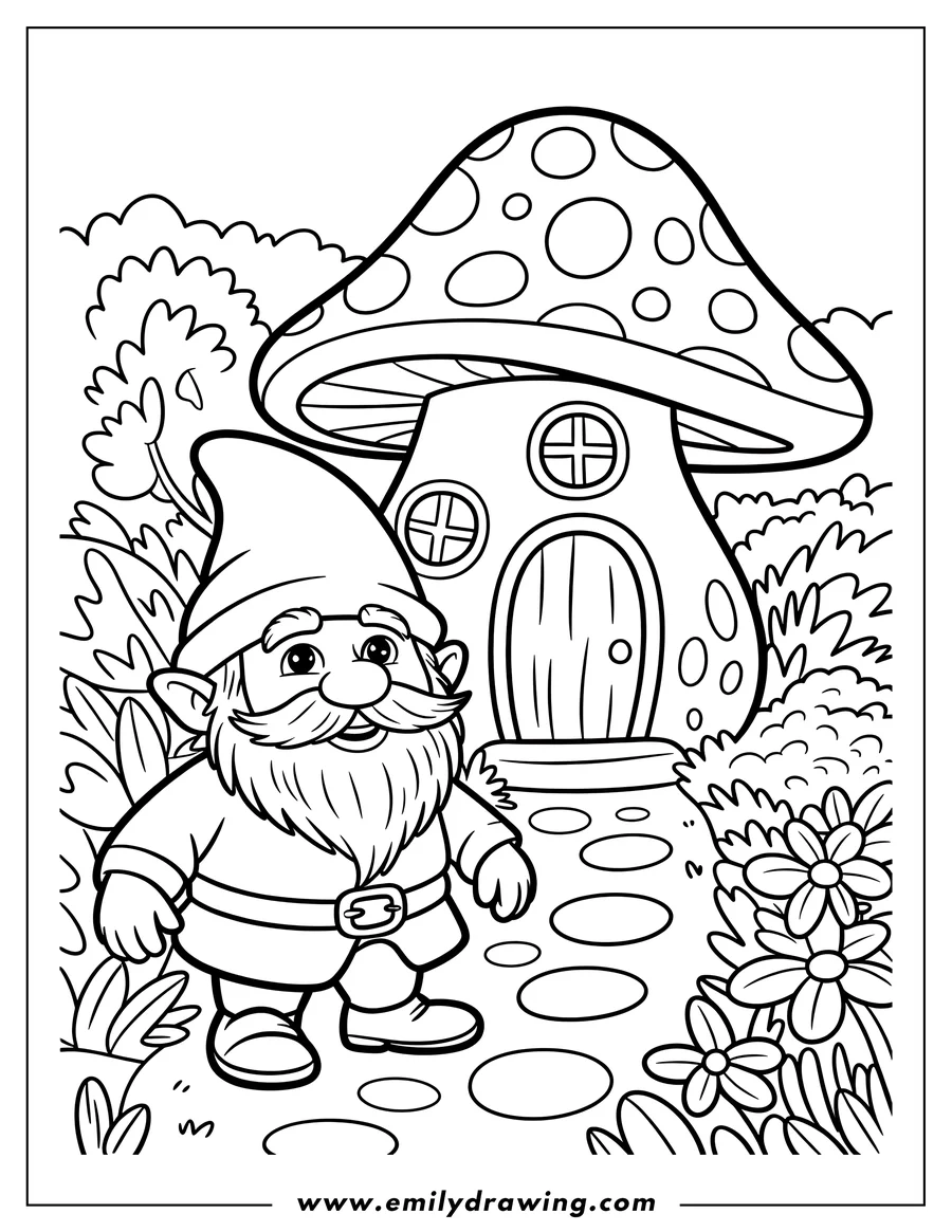 Line art of a cheerful garden gnome standing on a stepping stone path directly in front of his adorable mushroom house, surrounded by lush foliage and detailed flowers.
