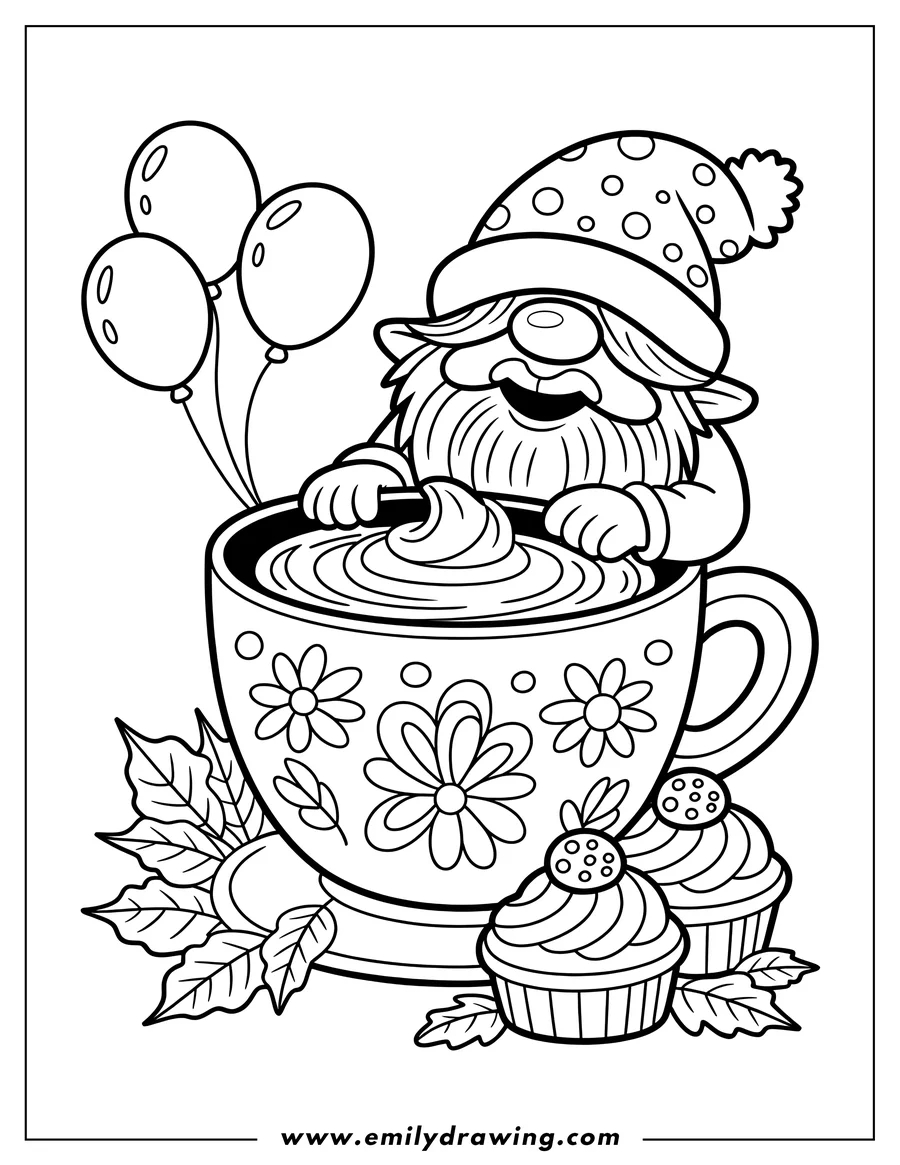 Outline of a smiling gnome wearing a polka-dot hat, leaning into a large, decorative mug filled with whipped topping. Three balloons float above the mug, and two frosted cupcakes sit nearby.