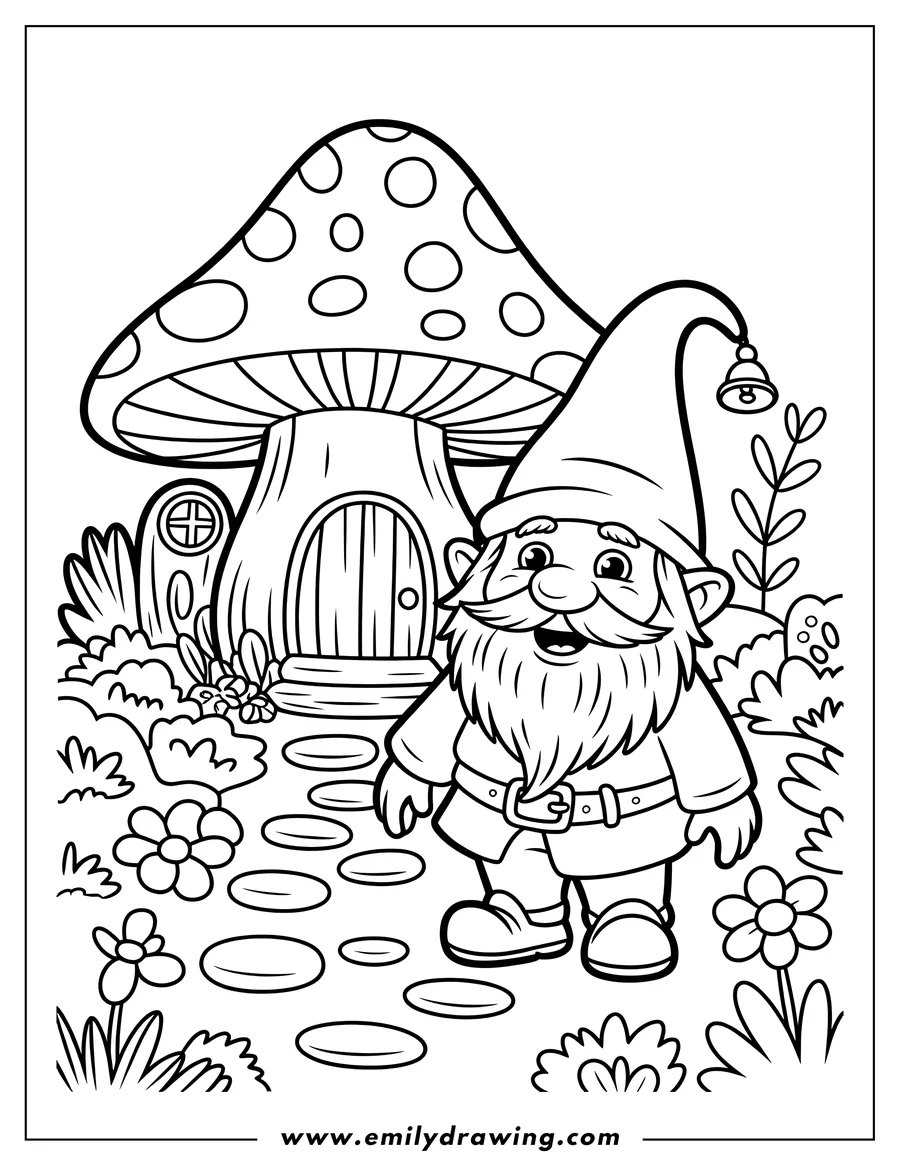 Outline of a smiling gnome standing on a stepping stone path near his spotted mushroom house, surrounded by whimsical flowers and forest bushes.