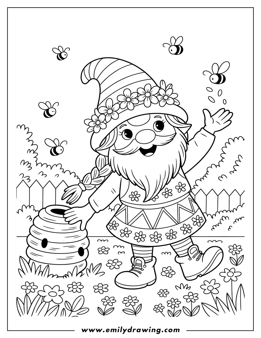 Line art of a smiling garden gnome wearing a flowered hat and dress, standing next to a round beehive. Several bees are flying around the gnome in a detailed flower garden.
