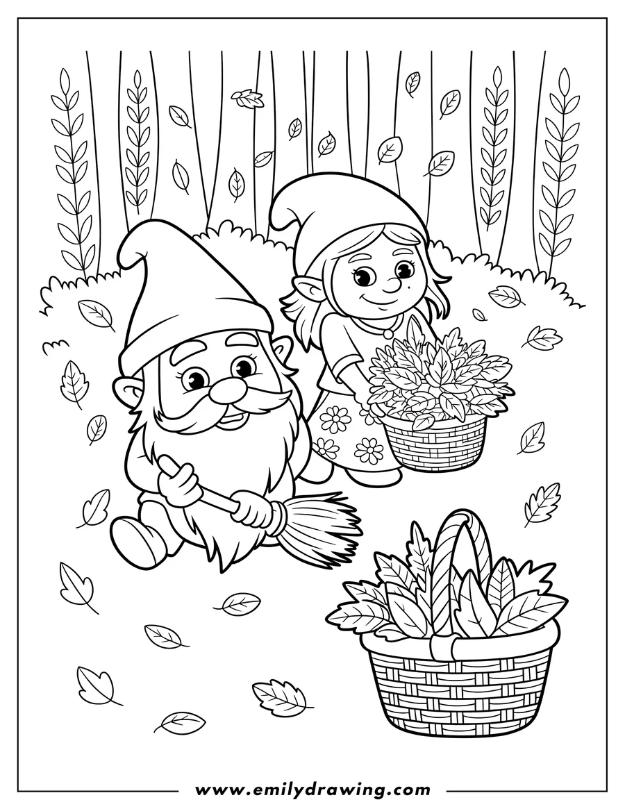 Outline of a male gnome sitting and holding a broom next to a female gnome holding a basket full of collected leaves. The scene is set in a forest with falling autumn leaves.