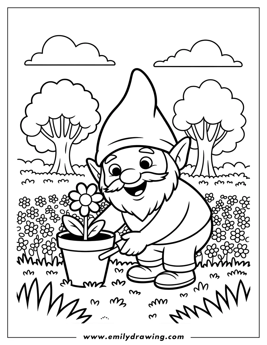 Outline of a cheerful garden gnome kneeling down and planting a flower in a pot. The background shows grass, small flowers, trees, and clouds.