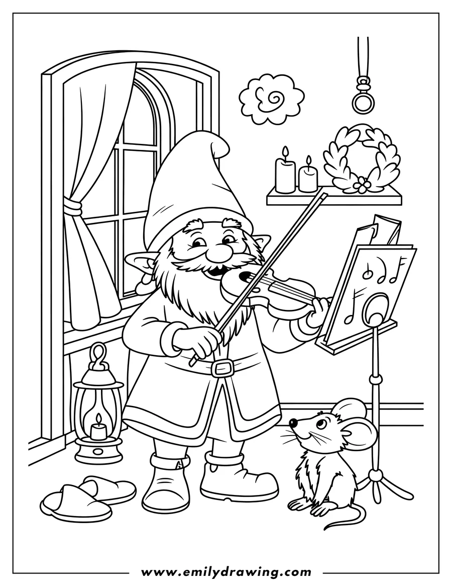 Outline of a festive gnome wearing a pointy hat and long coat, happily playing a violin while reading sheet music from a stand. A small mouse sits attentively at his feet. The background shows a cozy, indoor scene with a window, a lit lantern, and candles beside a small wreath.