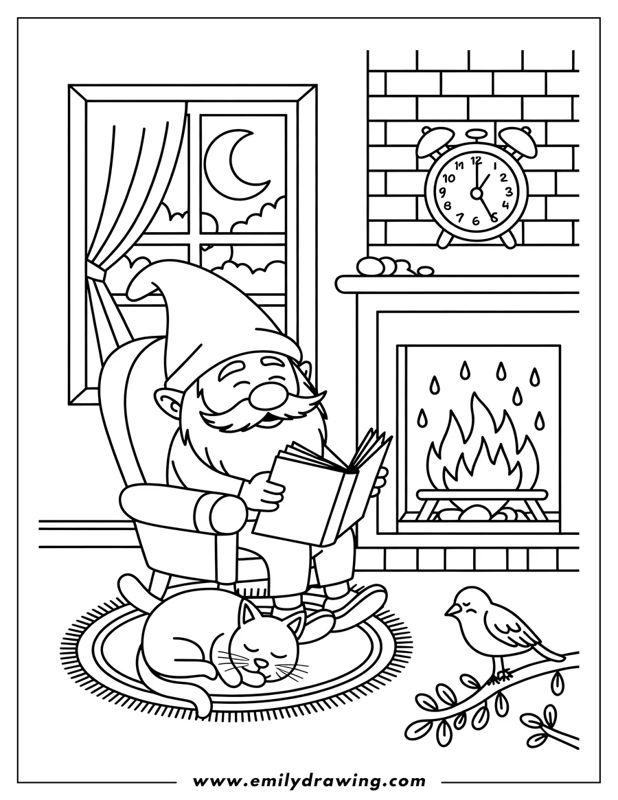 Outline of a cheerful gnome reading a book in a chair next to a cozy brick fireplace. A sleeping cat rests on the round rug at the gnome's feet.