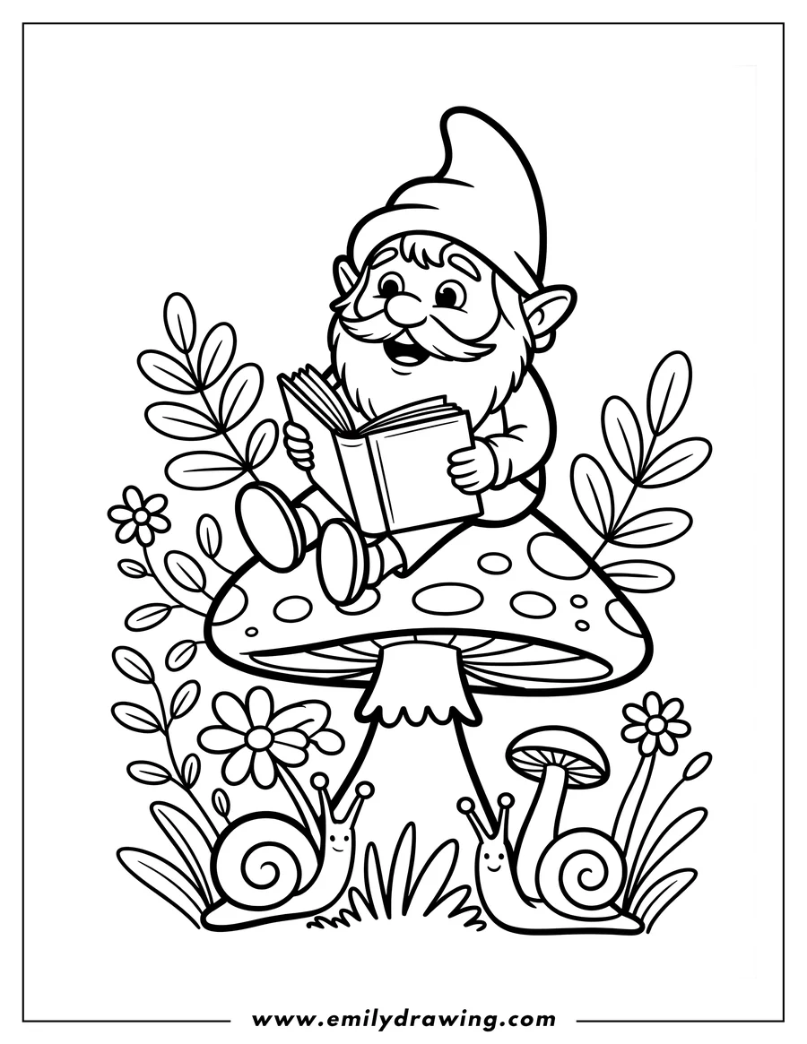 Outline of a smiling gnome with a pointed hat and long beard, sitting on a large spotted toadstool while reading an open book. The fantasy garden scene includes flowers and two cute snails.