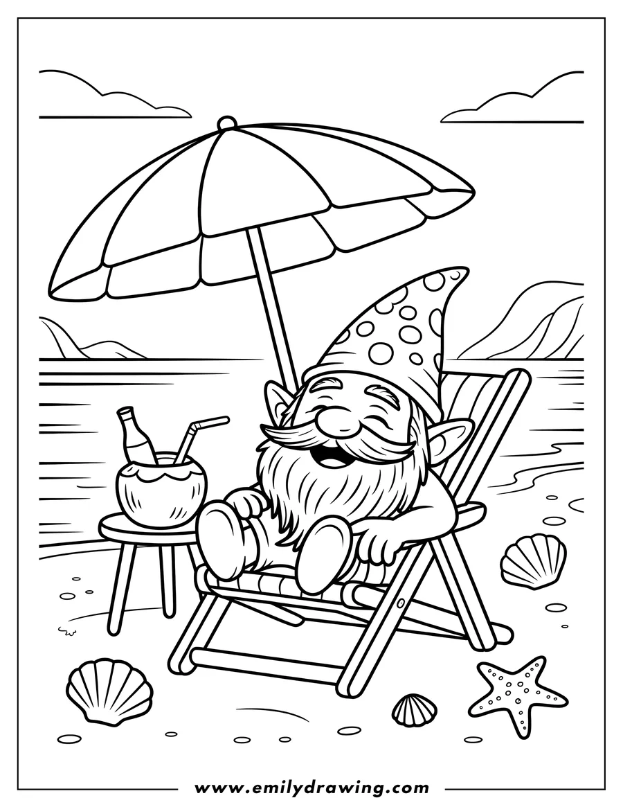 Outline of a happy gnome relaxing in a beach chair under a large sun umbrella, with a tropical coconut drink nearby on a small table. Seashells and a starfish are scattered on the sand.