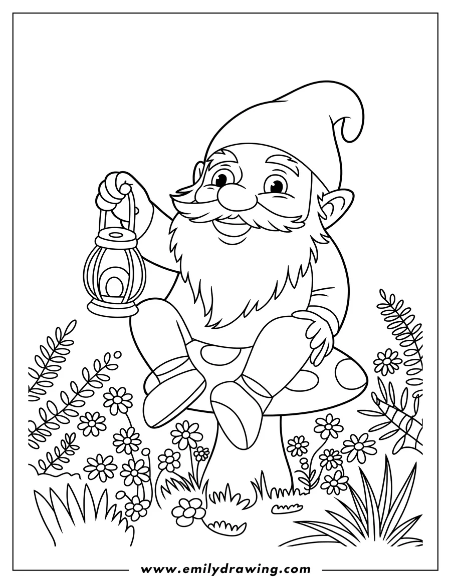 Outline of a smiling gnome sitting on a spotted mushroom, holding a lantern surrounded by grass, flowers, and ferns.