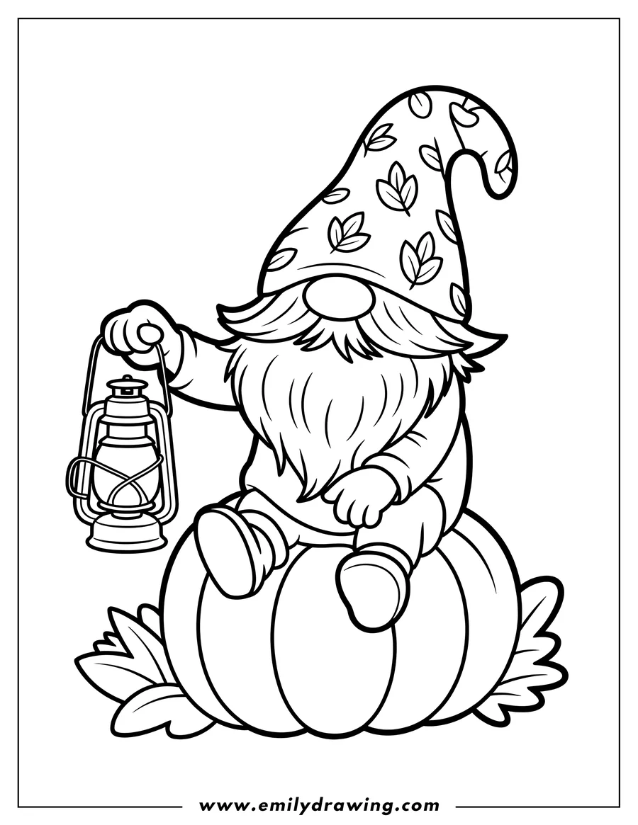 Outline of an autumn gnome with a leafy hat, sitting on a large pumpkin and holding a vintage lantern.