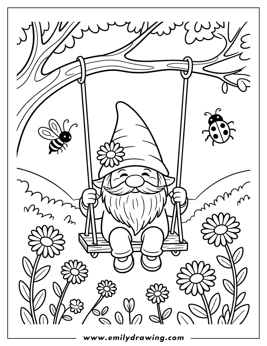 Outline of a cheerful garden gnome with a long beard and tall hat, sitting on a tree swing surrounded by large daisies, a bee, and a ladybug.
