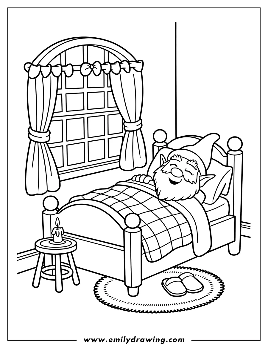 Line art of a happy gnome sleeping peacefully in a wooden bed, covered by a checkered blanket, next to a window.