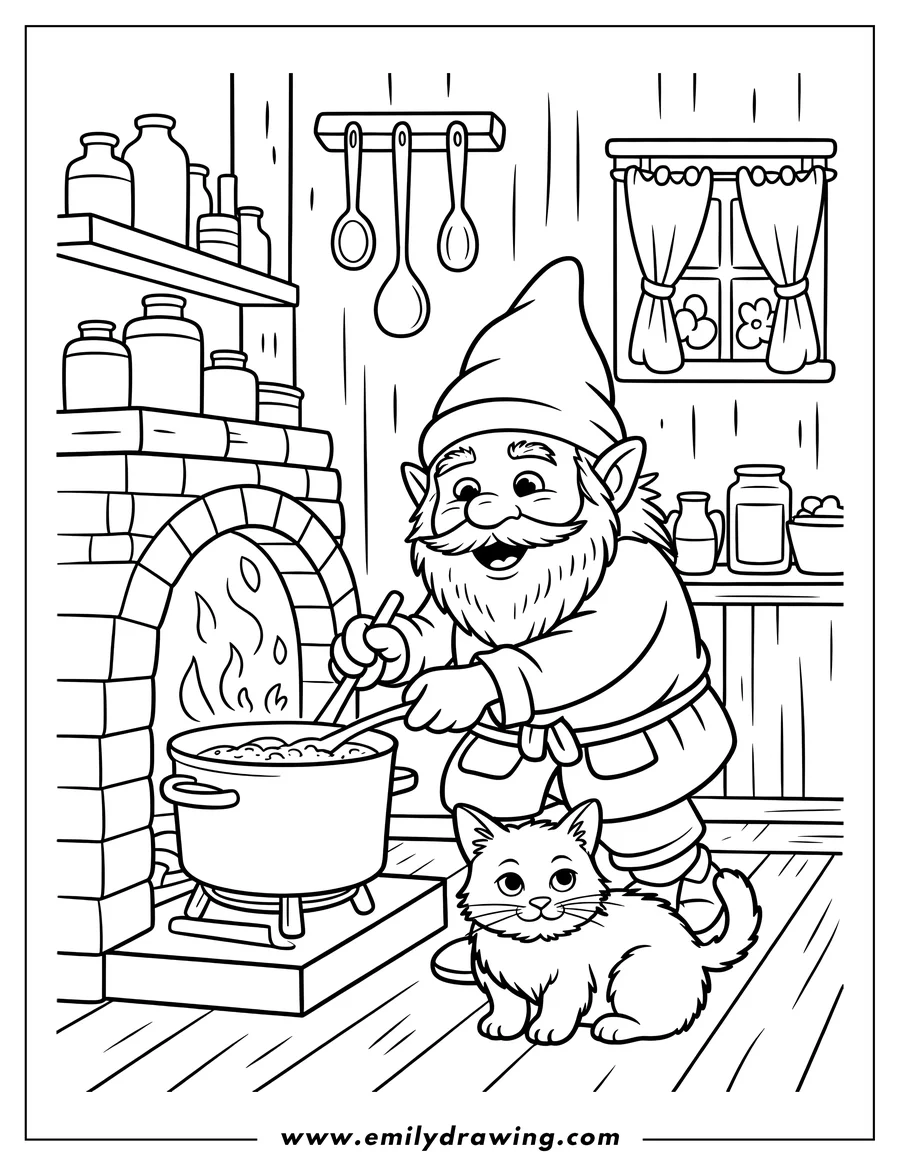 Outline of a smiling gnome stirring a large cooking pot over a brick hearth, accompanied by a fluffy kitten in a rustic kitchen setting.