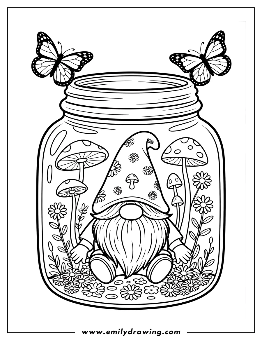 Line art of a friendly gnome sitting inside a large glass jar terrarium filled with spotted mushrooms, grass, and wildflowers. Two butterflies rest on the jar's rim.