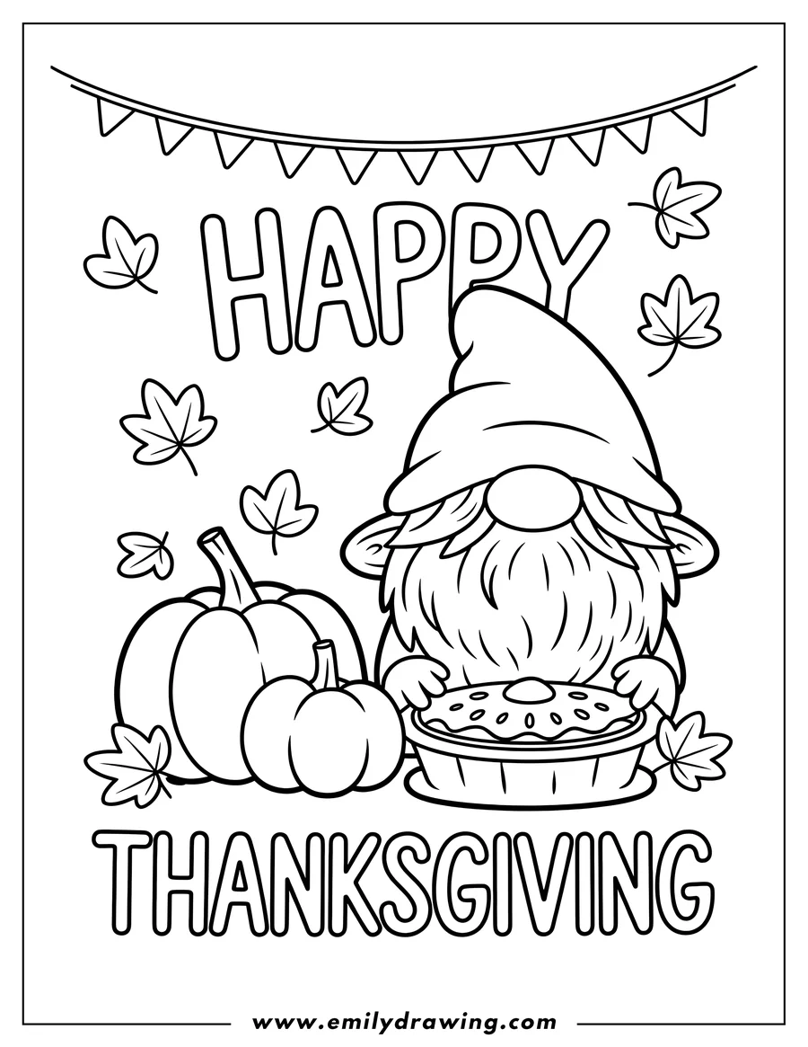 Line art of a Thanksgiving gnome with a pie and pumpkins. Fall leaves and a 'Happy Thanksgiving' banner decorate the scene.