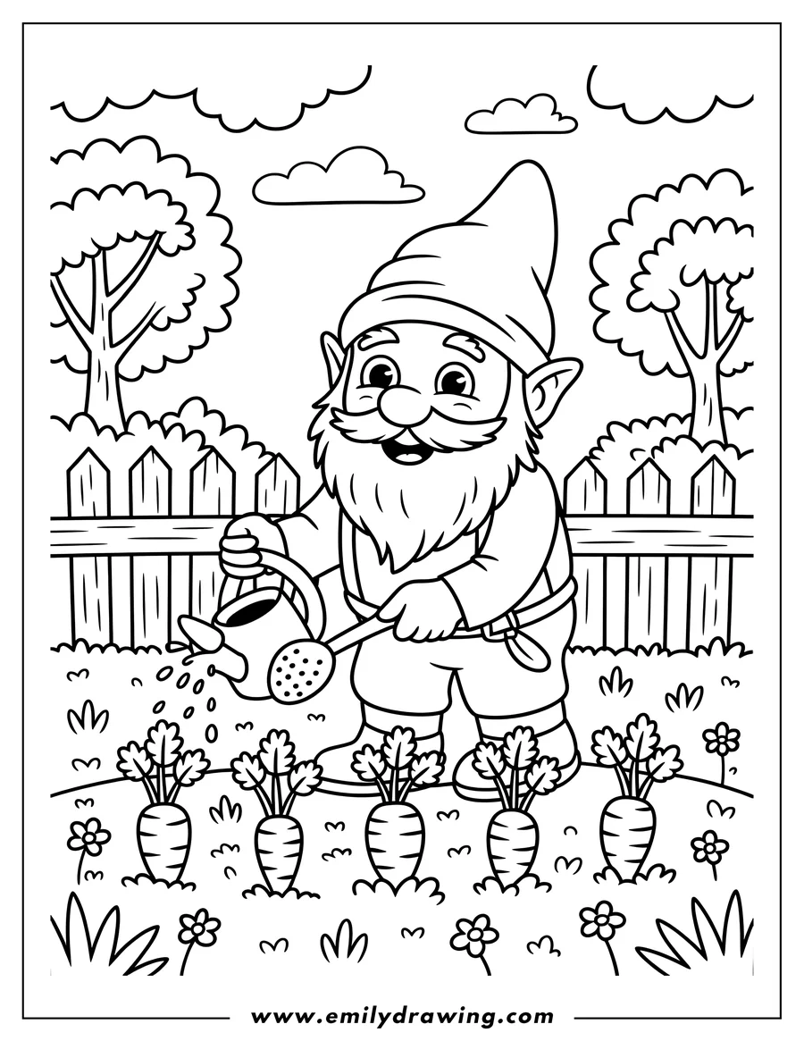 Outline of a smiling gnome in a pointed hat, standing in a sunny garden and watering a row of growing carrots with a watering can. A wooden fence and trees are in the background.