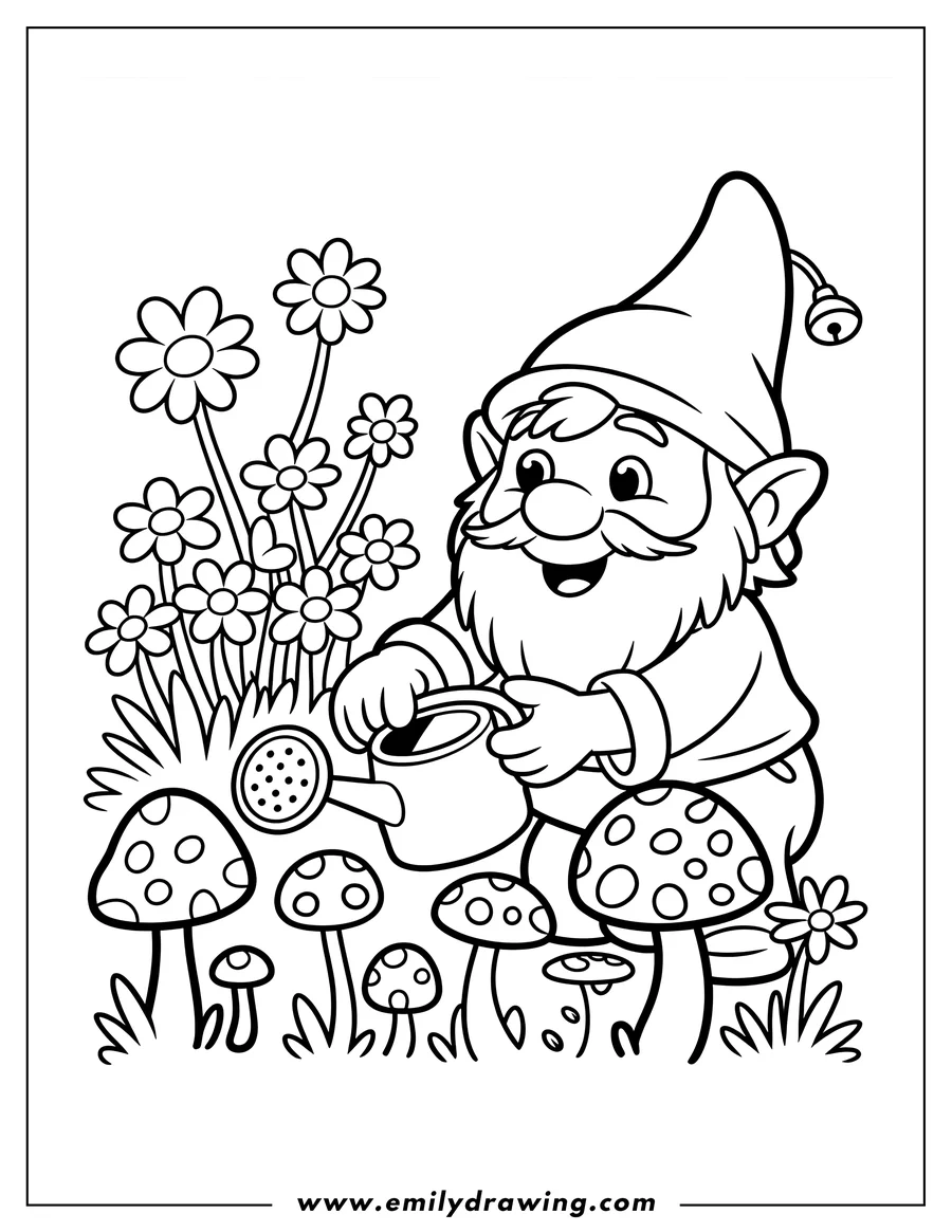 Outline of a friendly gnome wearing a pointed hat, happily watering a patch of tall flowers with a watering can, surrounded by spotted mushrooms and grass.