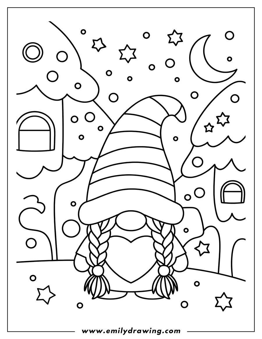 Line art of a gnome with long braids and a heart on its chest, standing in a winter wonderland scene with snowy houses, falling snow, stars, and a crescent moon.