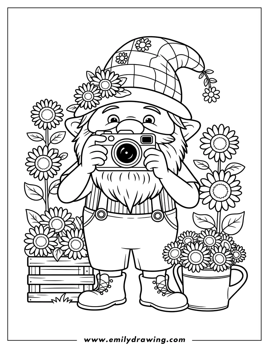 Outline of a bearded gnome wearing a checkered hat and overalls, holding a camera to take a photo. He is standing in a garden surrounded by tall flowers, wooden crates, and a watering can filled with blooms.