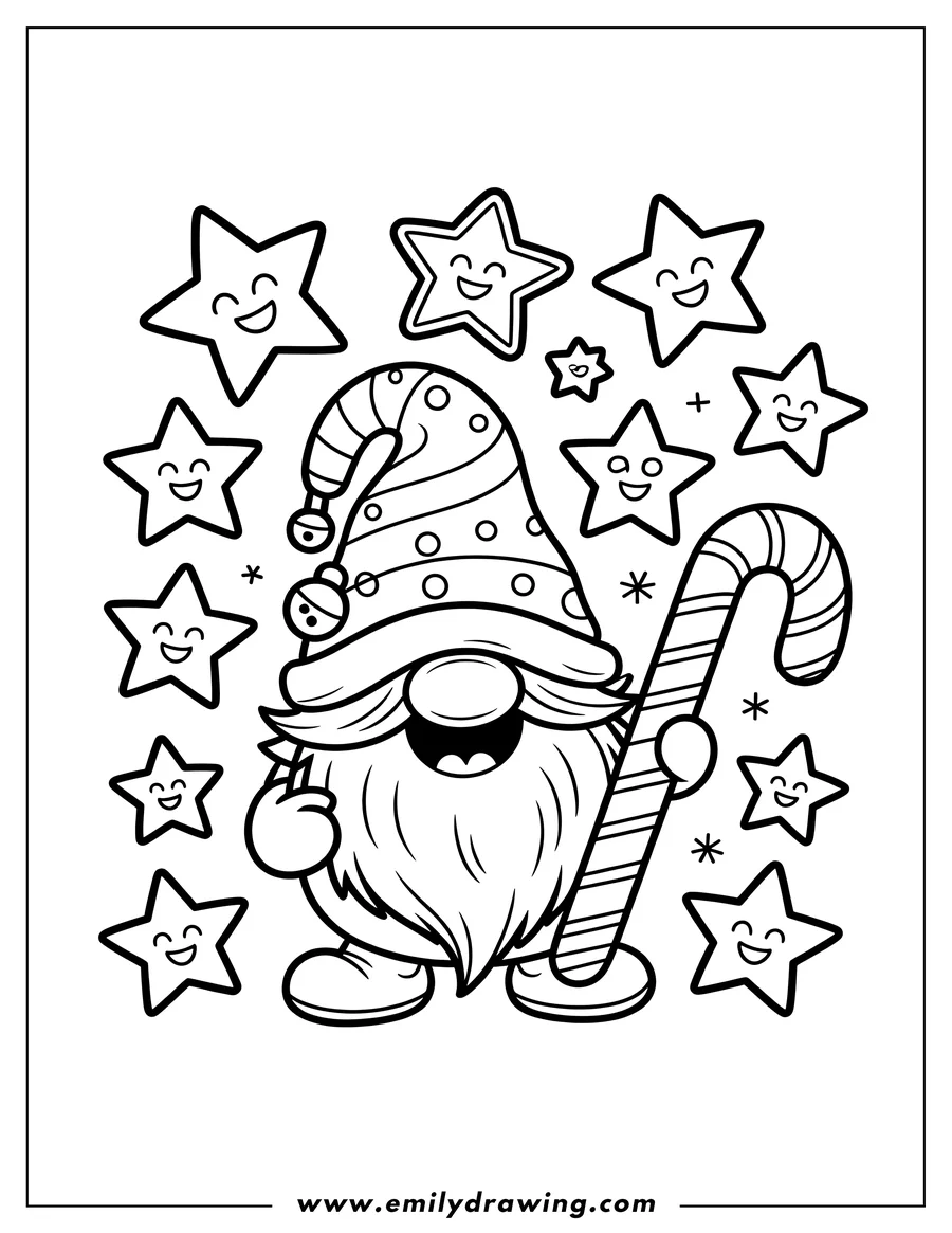 Line art of a cheerful gnome holding a large candy cane, surrounded by smiling stars.