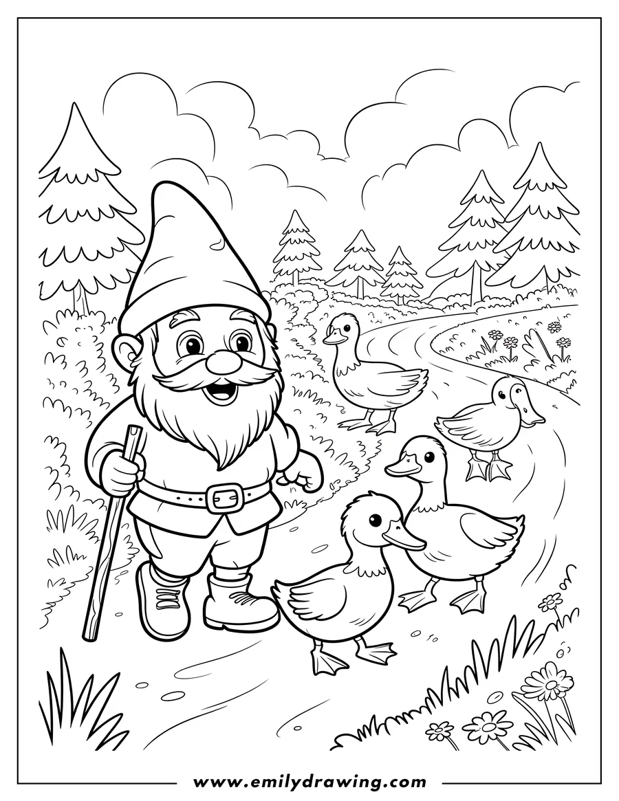 Line art of a smiling garden gnome holding a walking stick and wearing a pointed hat. Four ducks are walking closely beside the gnome along a winding forest path lined with pine trees.