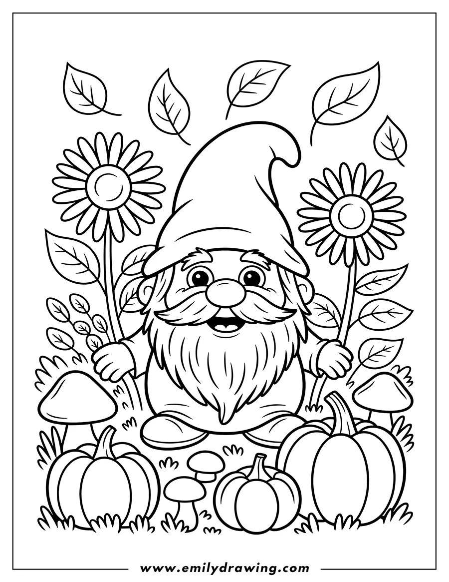 Outline of a smiling gnome with a long beard and pointy hat, standing amongst three pumpkins, several mushrooms, and holding two large daisy flowers. Falling leaves float above the scene.