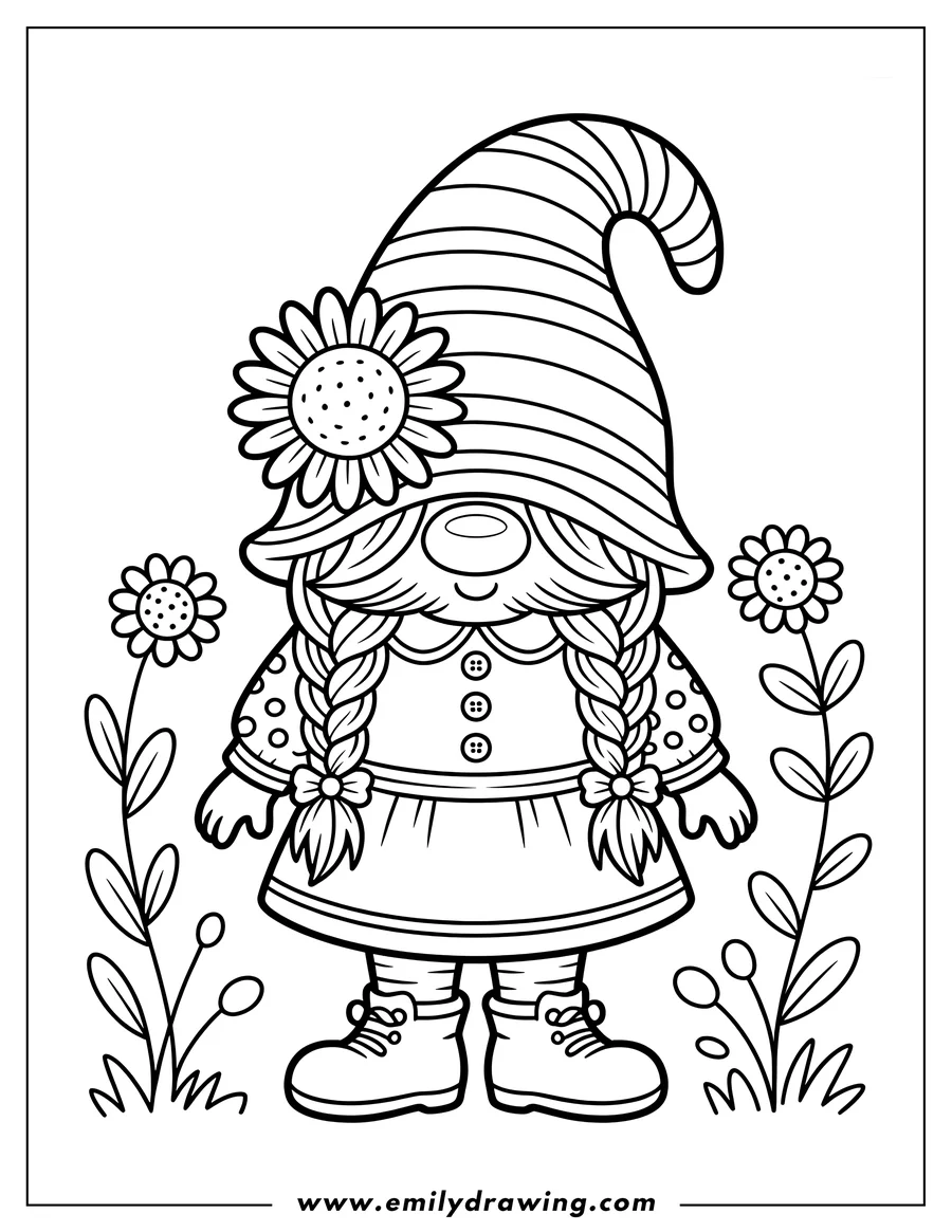 Line art outline of a female gnome standing among tall flowers, wearing a striped pointed hat adorned with a large sunflower, with her hair styled in long braids.