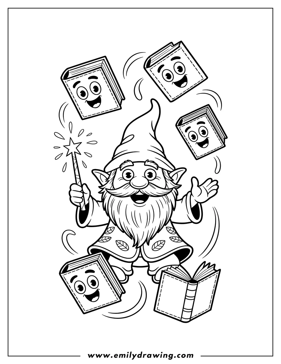 Outline of a cute gnome wizard holding a sparkling magic wand and casting a spell to make several anthropomorphic books float around him.