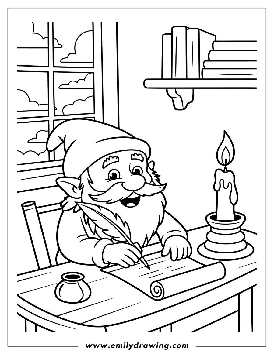 Line art of a smiling gnome writing on a scroll with a quill pen at a desk, illuminated by a candle.