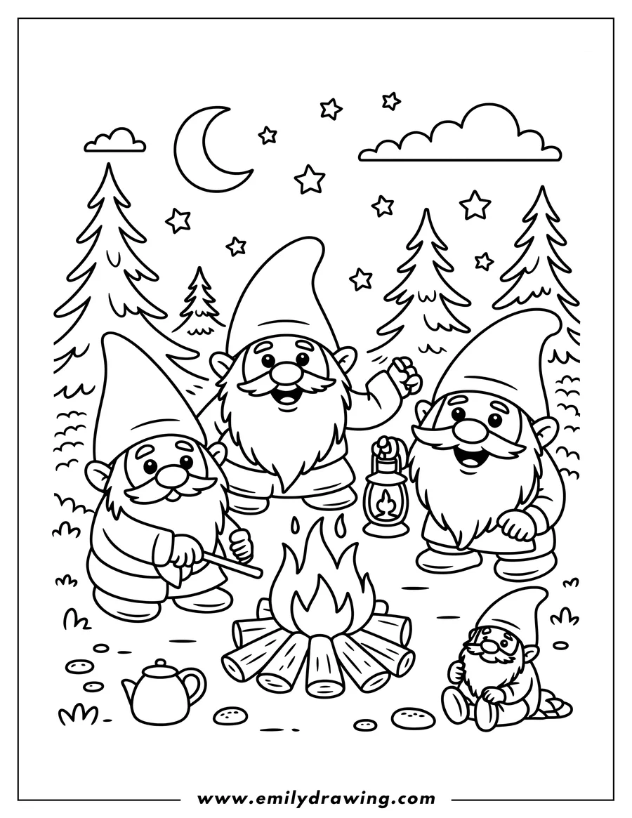 Line art of four cheerful gnomes gathered around a campfire at night, with pine trees, a crescent moon, and stars visible in the background.