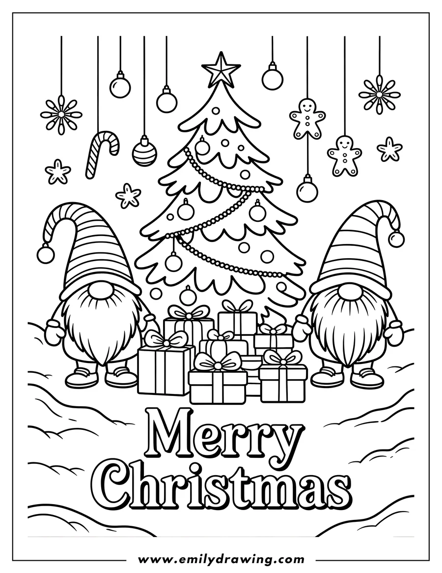 Outline of two cheerful Christmas gnomes standing in the snow near a large pile of presents and a decorated Christmas tree. The scene includes hanging ornaments, gingerbread men, and the text