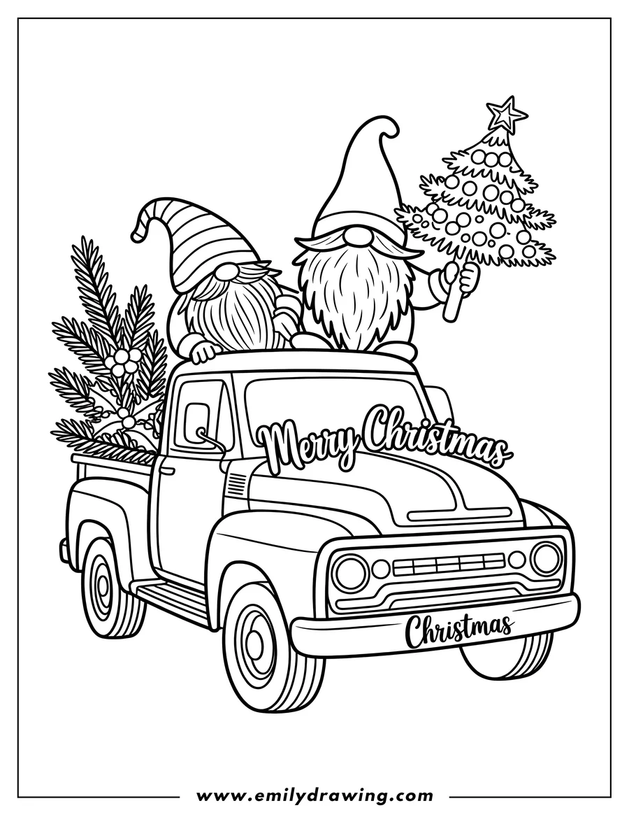 Line art featuring two bearded gnomes sitting on the roof of a vintage pickup truck decorated for Christmas. One gnome holds a miniature decorated Christmas tree, and the truck bed is filled with pine boughs and holly.