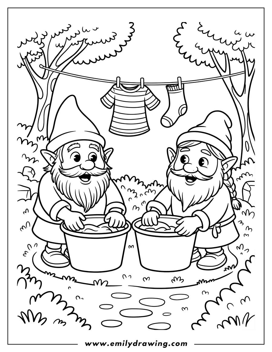 Outline of two happy gnomes washing clothes in buckets outdoors. A striped shirt and sock are drying on a clothesline strung between two trees in the forest background.