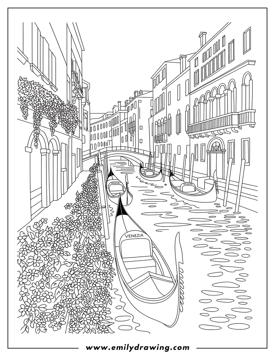 Outline of several gondolas floating in a canal in Venice, with buildings and flowers along the sides.